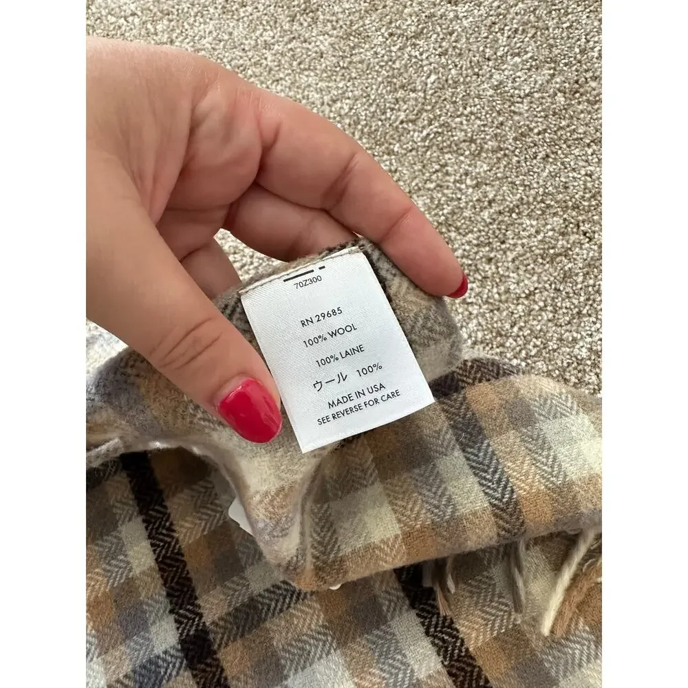 Pendleton Vintage 1990s Gray Tan Plaid Wool Fringe Blanket Deadstock 54” x 66”